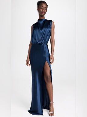 Amanda Uprichard Fabianna Silk Satin Gown Maxi Slit High Neck Open Back Sz S NWT